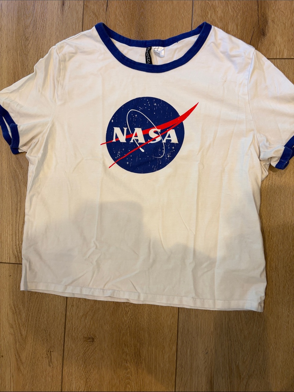 White Ringer Tee with Blue Trim and Red NASA Logo